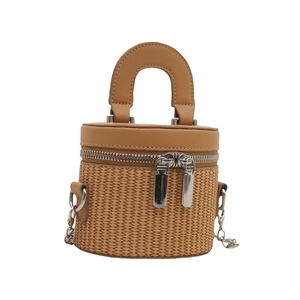 Stylish bucket bag with woven straw texture and premium brown leather trim features dual zippers