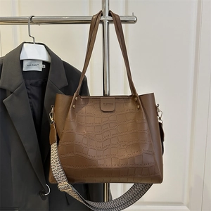 Dark brown crocodile embossed tote bag with detachable wide strap for women