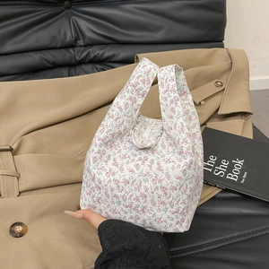 Women Korean Style Floral Canvas Tote Bag Large Capacity Shoulder Bag With Ribbon Bow Sweet Nylon Handbag For Daily