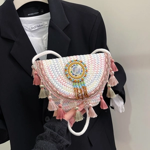 Bohemian Handmade Woven Straw Shoulder Bag Tassel Fringe Beadwork Mandala Pattern Ethnic Casual Crossbody Bag For Women