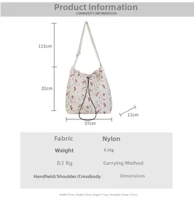 Size chart showing dimensions for floral tote bag including strap length and nylon fabric details