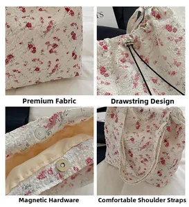 Close-up of floral nylon tote featuring pleated texture, drawstring and magnetic buckle