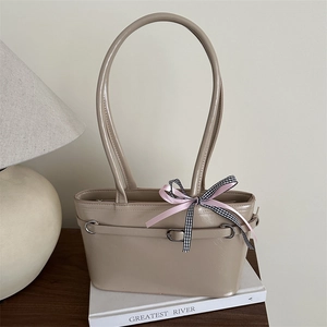 Women Vintage PU Leather Underarm Bag Large Capacity Shoulder Tote Bag With Ribbon Bow Knot Daily Commute Fashion Handbag