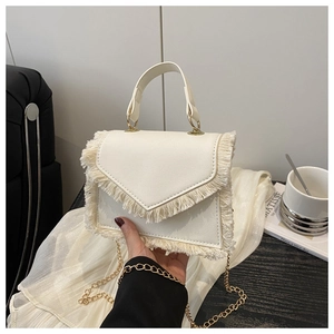 Détails du mini sac à main blanc cassé avec franges bohèmes et chaîne dorée