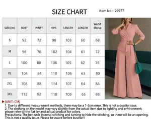 Size chart detail for pink two-piece commuter suit with wide-leg pants