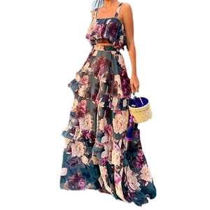 Zweiteiliges Damen-Maxikleid-Set mit Blumenmuster, Crop-Top und Stufenrock