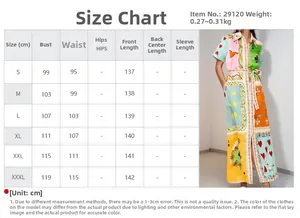 Size chart for graffiti print high waist maxi dress with detailed measurements in CM