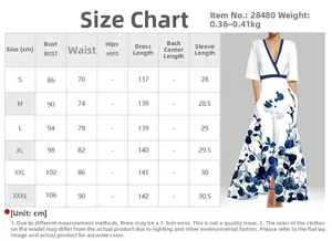 Size chart for V-neck floral print dress showing bust and waist measurements in CM