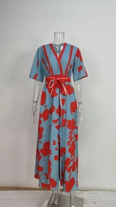 Full view of blue and red floral maxi dress with V-neck on transparent mannequin