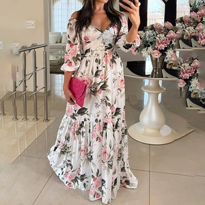 Elegante abito lungo bianco con scollo a V, stampa floreale e balze per donna