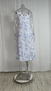 Close-up of the elegant blue floral print and back split detail on a white summer dress