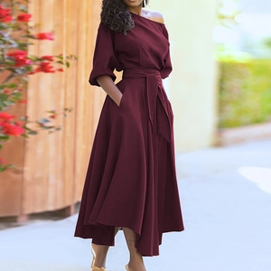 Elegant Women Off Shoulder Tie Waist Maxi Dress Long Sleeve Solid Color A-Line Party Gown With Pockets Fashion Summer Dress