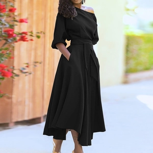 Elegant black off-shoulder maxi dress with a belted waist and functional side pockets