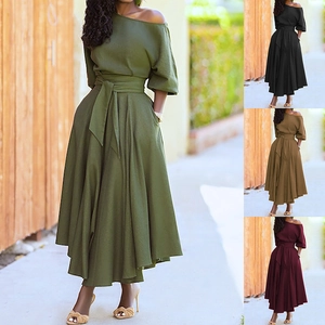 Elegant one-shoulder maxi dress with waist tie and side pockets in various solid colors