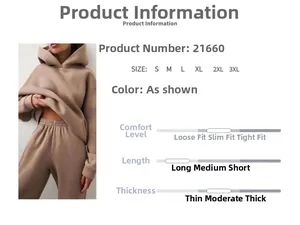 Detail view of beige fleece hoodie and joggers set with sizing and fabric specifications
