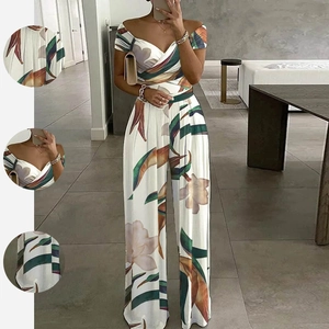 Tuta da Donna Sexy Con Spalle Scoperte Scollo a V Stampa Floreale Vita Alta Gamba Larga Pantaloni Lunghi Estivi da Spiaggia