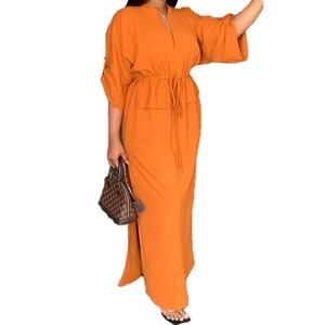 Elegant high-waist maxi dress in orange-brown with V-neckline and drawstring waist detail