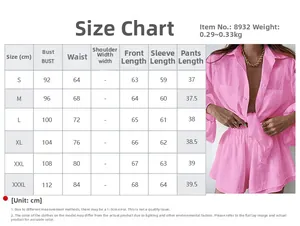 Size chart detail for pink two-piece shirt and shorts set showing S to XXXL measurements
