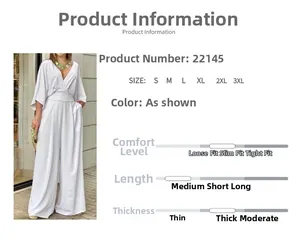 Size chart for women's white V-neck wide-leg jumpsuit with high-waist design details