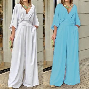 Elegant wide leg jumpsuit for women with deep V-neck and pleated waist in blue and white