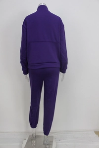 Rear view of purple fleece tracksuit featuring paneled stitching and cuffed hem design