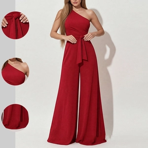 Elegant red one-shoulder wide-leg jumpsuit with waist tie and detailed close-ups