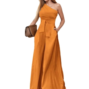 Orange one-shoulder wide-leg jumpsuit with waist tie and side pockets for casual wear