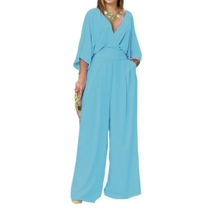 Light blue V-neck jumpsuit with wide-leg pants and pleated waist for elegant women's style