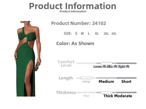 Size chart for green one-shoulder cut-out maxi dress with high slit details