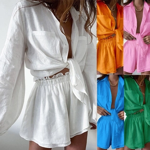 Women Casual Long Sleeve Shirt And High Waist Ruffle Shorts Outfit Solid Color Elegant Vacation Loungewear Outfit