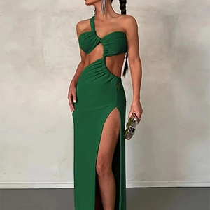 Elegant dark green one shoulder dress with waist cutout and side high slit detail