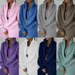 Conjunto deportivo de tres piezas para mujer con sudadera de felpa y pantalón en 8 colores