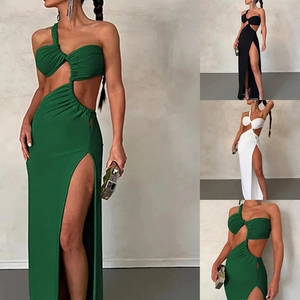 Elegant one-shoulder maxi dress with side waist cut-out and high slit in three colors