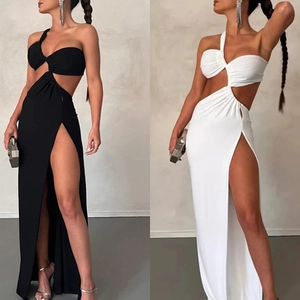 Detail view of one-shoulder cutout evening dress with high side slit in black and white