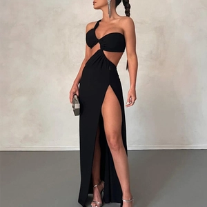 Women Sexy One Shoulder Cutout Dress Polyester High Split Backless Maxi Bodycon Party Evening Dress Streetwear Top