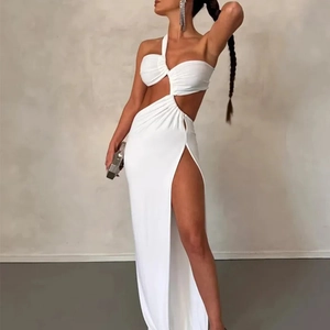 Elegant white one-shoulder cutout maxi dress with high slit for cocktail parties