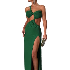 Elegant emerald green one-shoulder maxi dress with waist cut-out and high side slit