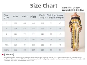 Size chart for floral off-shoulder top and wide-leg pants set, covering sizes S to XXXL