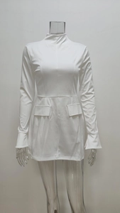 Close-up of white slim fit long sleeve dress with high neck and decorative waist pockets