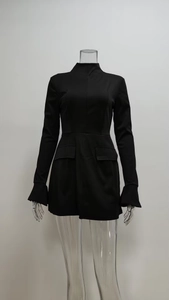 Elegant black slim fit long sleeve mini dress with flare cuffs for women