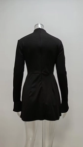 Back view of a slim-fit black long-sleeved bodycon mini dress shown on a mannequin.