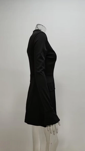 Side view of a slim-fit black long-sleeved mini dress shown on a transparent mannequin