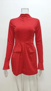 Detailed view of a sexy red long-sleeved bodycon dress with mock neck and pocket flaps.