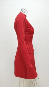 Detailed side profile of a red long-sleeved bodycon dress on a transparent mannequin.