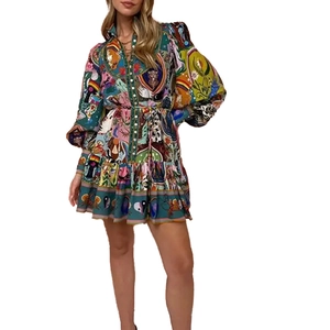 Bohemian floral printed dress with tie waist and ruffled hem on white background