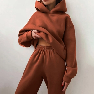 Detail of brick red hooded tracksuit featuring thick fleece material and elastic waistband