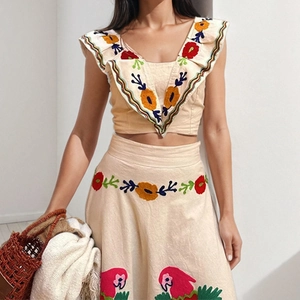Women's floral embroidered two-piece set with V-neck ruffle top and matching midi skirt