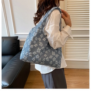 Blue floral lace tote bag for women featuring 3D jacquard flower pattern and large capacity