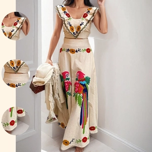 Women Floral Printed Top And Bottom V-Neck Ruffle Crop Top And High Waist Long Skirt Boho Vacation Style Outfit