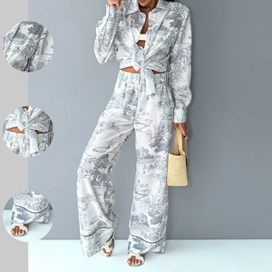 Women's French Vintage Toile de Jouy Print Casual Top And Bottom Tie Front Long Sleeve Shirt and Wide Leg Pants Outfit